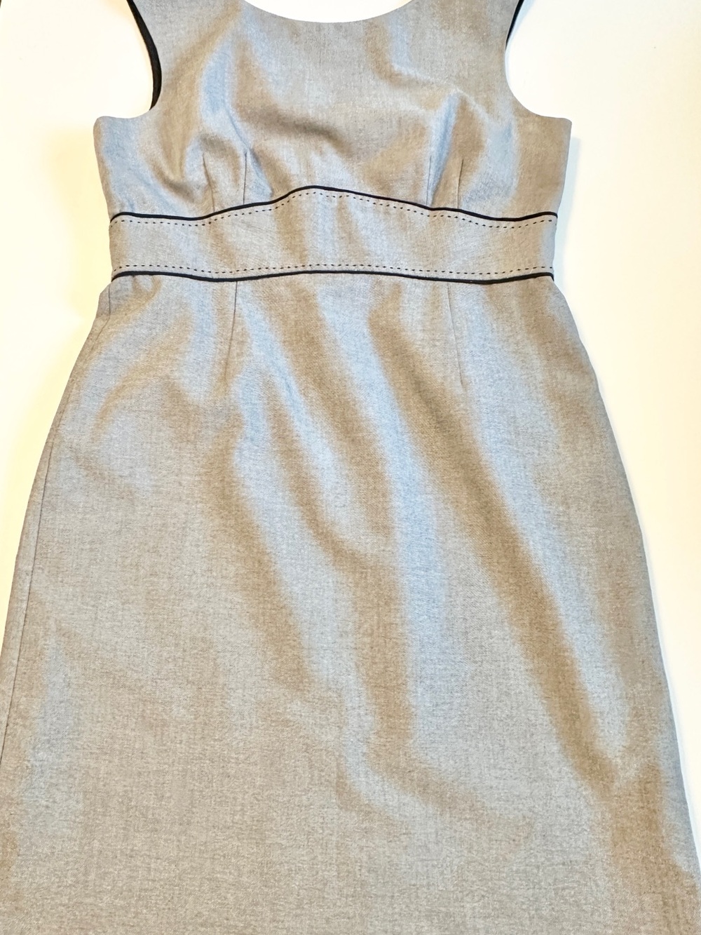 Sleeveless Grayish Denim Midi Sheath Dress with Black Trim
